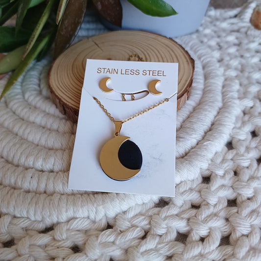 Conjunto Brincos e Fio em aço dourado LUA com Shungite