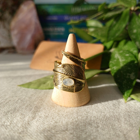 Adjustable bronze feather ring with moonstone