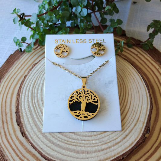 Conjunto Brincos e Fio em aço dourado Árvore da Vida com Shungite